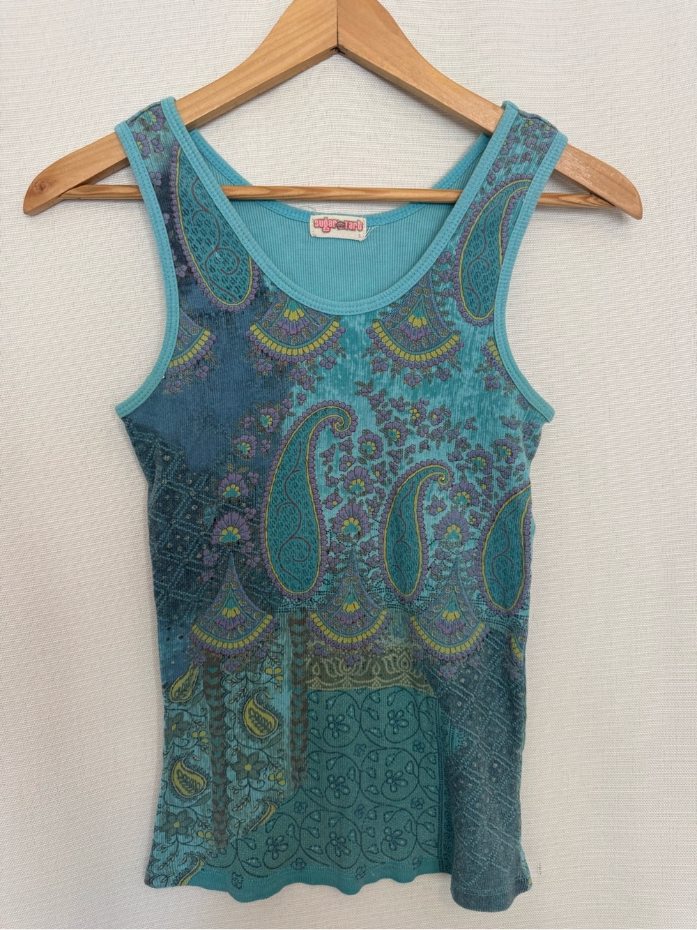 Vintage Sugar Tart Turquoise Blue Paisley Print Ribbed Cotton Tank L Y2K Boho